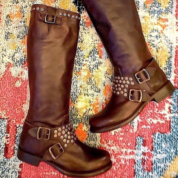 Frye Shoes - Frye Jenna Leather Studded Tall Moto Boots